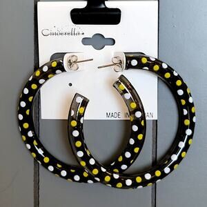 Black Yellow Hoop Earrings 2" Retro Bold Y2K Festival Pierced 80's Polka Dot
